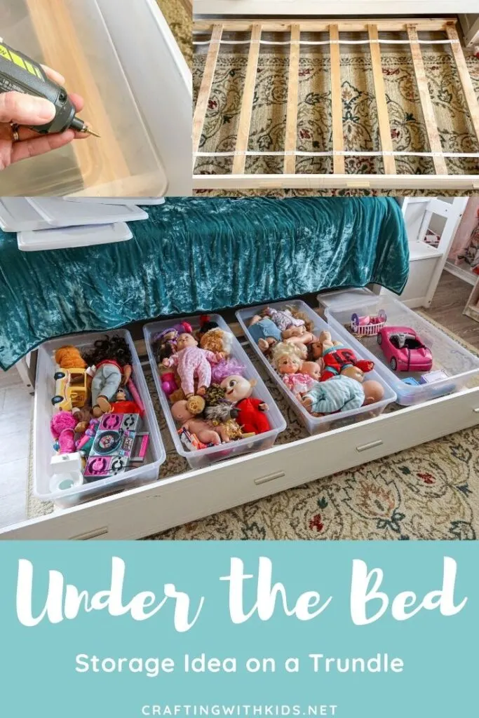 Under the bed storage idea with plastic bins on a trundle