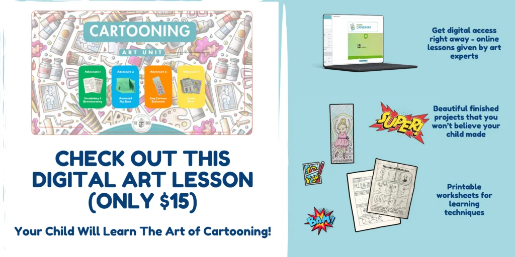 Digital cartooning art lesson for kids with online worksheets.
