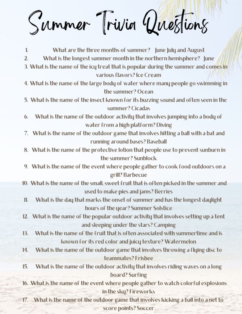 50 Fun Summer Trivia Questions For Kids With Free Printable