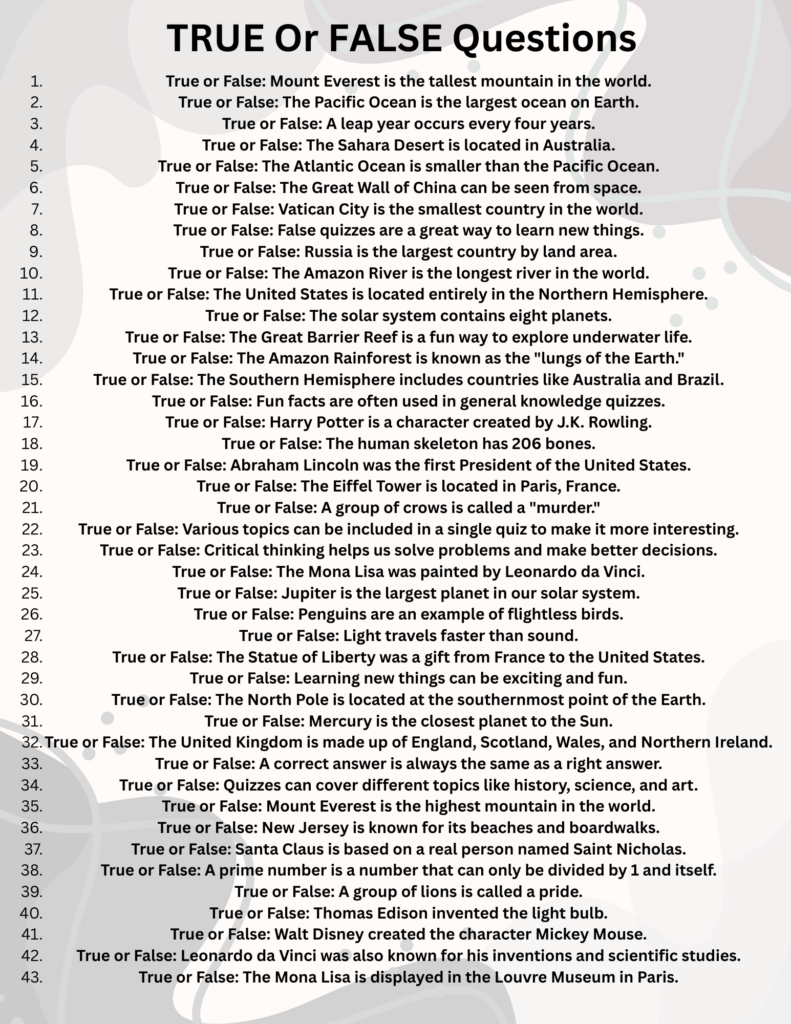 True or False questions for kids