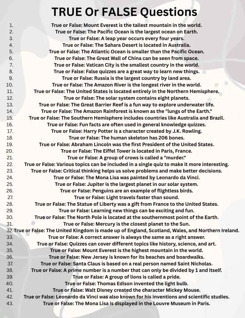 True or False questions for kids