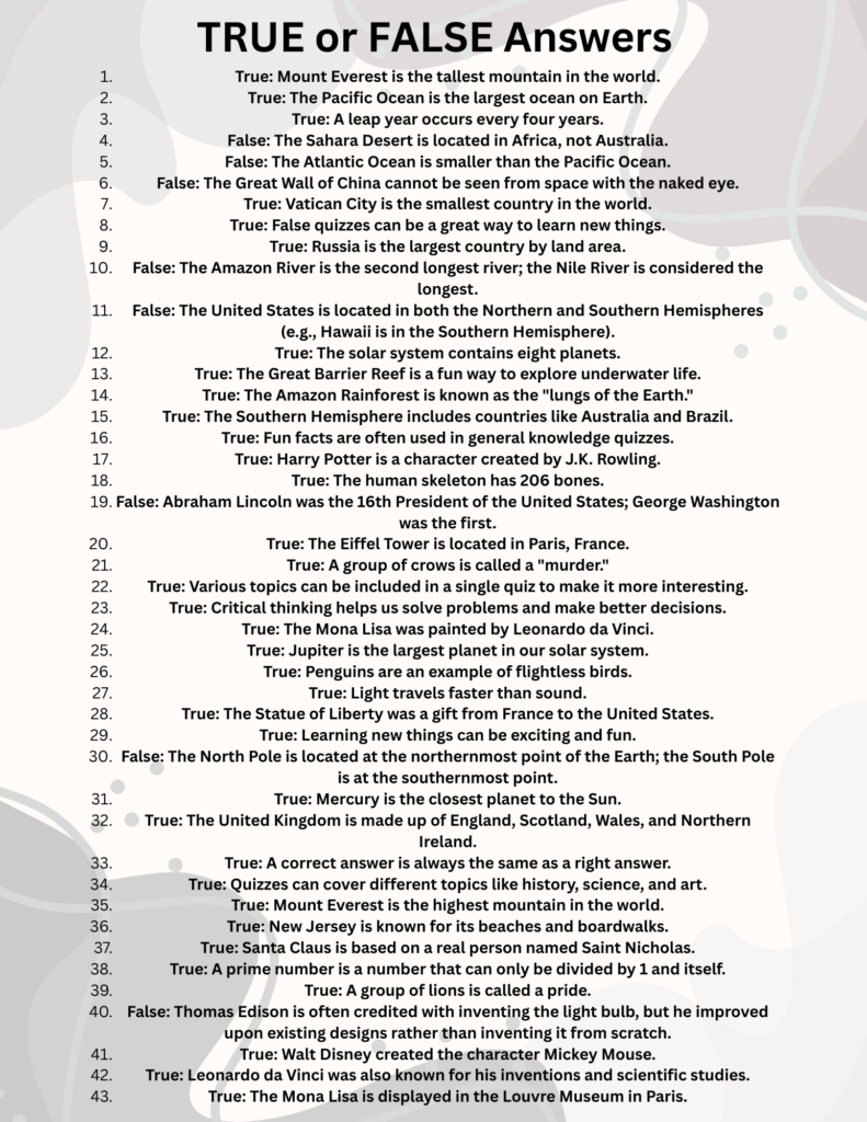 True or False questions for kids