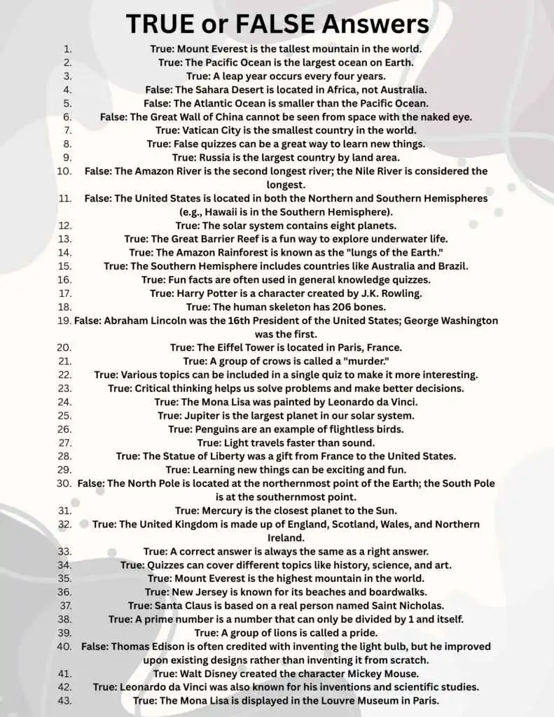 True or False questions for kids