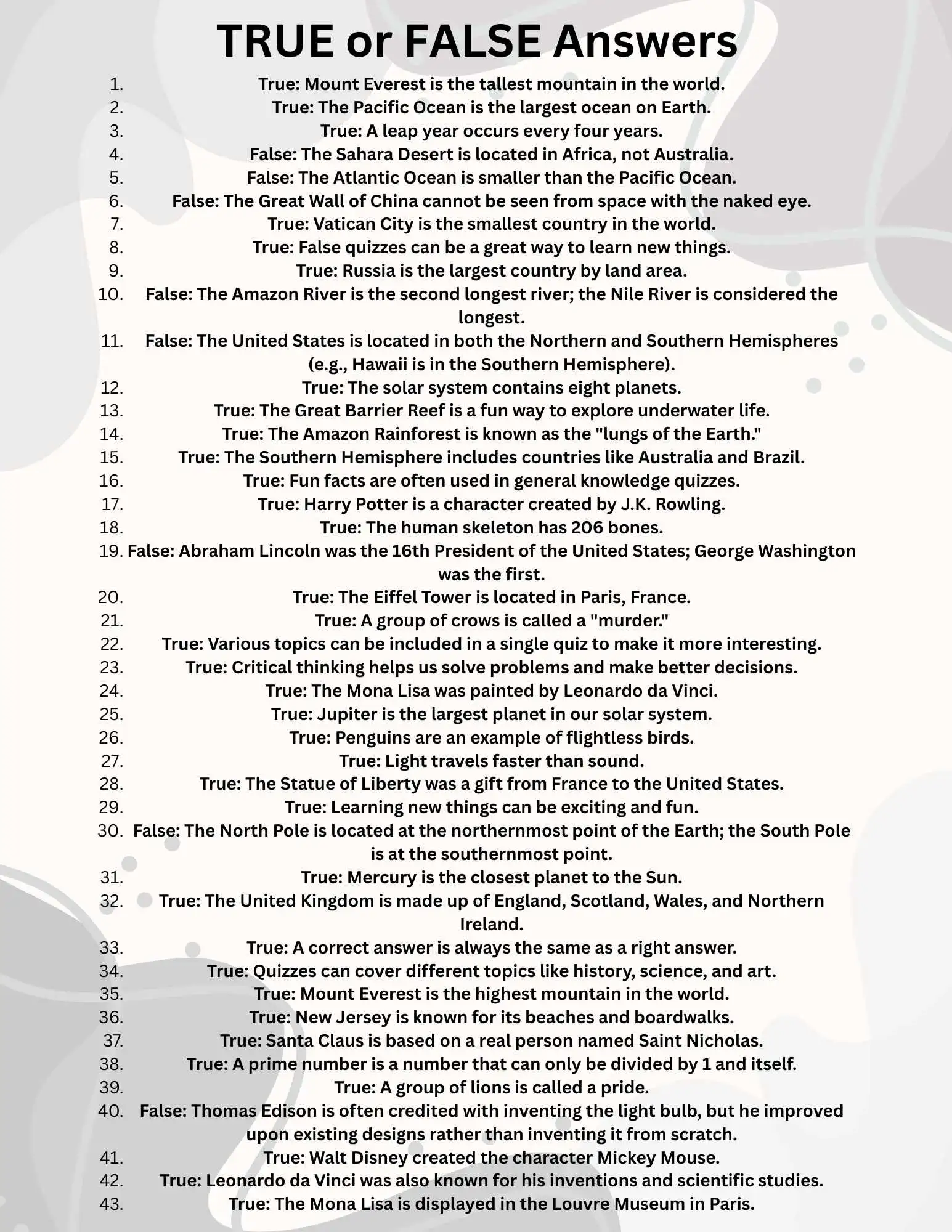 True or False questions for kids