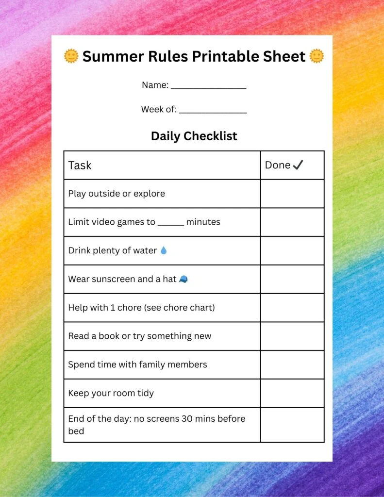 summer rules printable sheet for kids